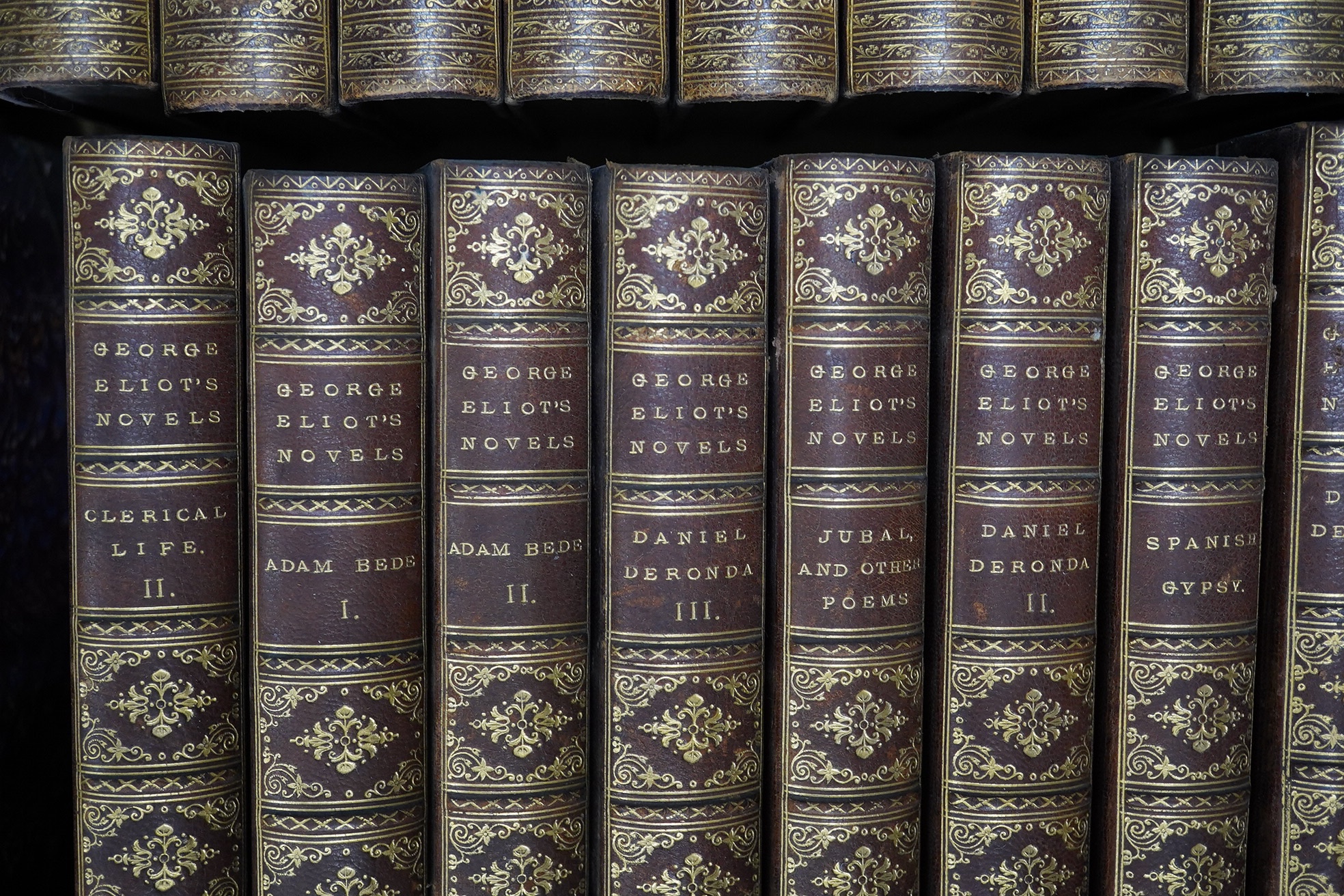 Eliot, George - The Works, Cabinet edition. 20 vols. 8vo, contemporary half red morocco and marbled boards and edges, spines gilt in compartments with raised bands, by H. Sotheran and Co., published by William Blackwood